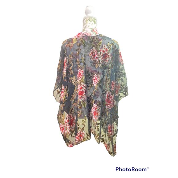 Flowered Embroiled Black Kimono Beach Cover Up Velvety One Size - Picture 3 of 6